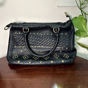 Sharif Black Leather Quilted Studded Shoulder Bag with Gold Hardware Punk Rock